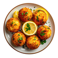 Fried spheres, lemon wedges, parsley on plate