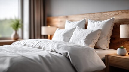 Obraz premium Cozy bedroom interior with a comfortable bed and soft white bedding.