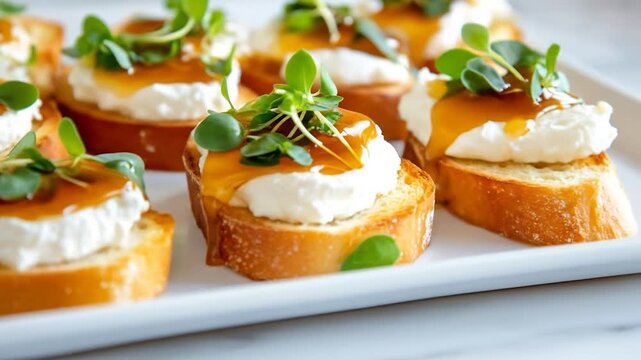 Elegant appetizer toasts with cream cheese honey drizzle and fresh green sprouts served on white platter
