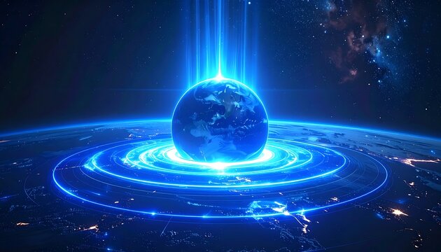 Glowing Earth, encircled by blue rings, with beams ascending towards space