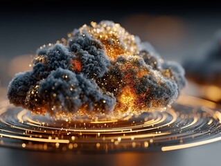 Futuristic Cloud Computing Tech Concept with Golden Particle Mesh Wrapped Gray Cloud and Glowing Circular Tech Lines