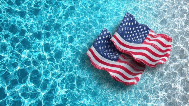 American flags floating in a shimmering pool of water on a sunny day.