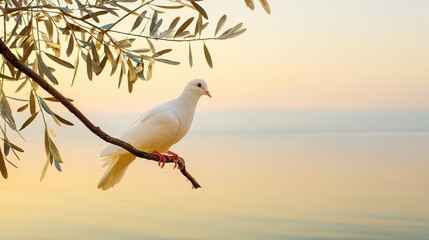 infamy. White dove perched on olive branch against calm lake at dawn. wildlife magazines, conservation campaigns, designed for wildlife conservation campaigns, used by retail merchandisers.