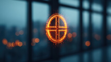 A glowing orange digital target symbol is set against a blurred urban background, creating a modern and tech-inspired atmosphere.