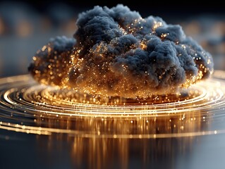 Futuristic Cloud Computing Tech Concept with Golden Particle Mesh Wrapped Gray Cloud and Glowing Circular Tech Lines