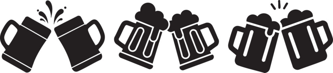 Celebration drinkware icon set, wine glass, champagne flute beer mug collection, clinking toast symbols, festive black flat cad illustration