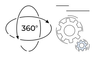 Rotational arrows around 360 symbol with interlocking gears. Ideal for innovation, process improvement, analytics, technology, automation, optimization, continuous development. Simple flat metaphor