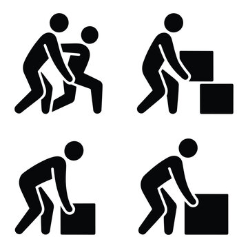 Four pictogram illustrations showing safe and unsafe manual handling techniques for lifting boxes lifting, box, manual handling, ergonomics, safety, health, work, warehouse, logistics, carrying, movin