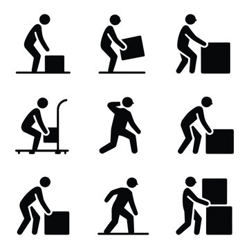 Collection of pictogram icons illustrating safe and unsafe manual handling techniques for lifting and carrying objects lifting, carrying, manual handling, ergonomics, safety, work, health