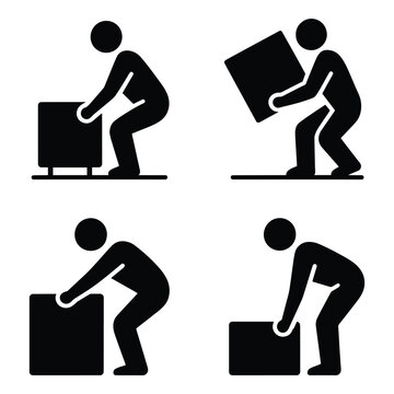 Four pictograms illustrating proper and improper techniques for lifting heavy objects safely lifting, heavy, object, safe, technique, proper, improper, ergonomics, workplace, safety, guidelines