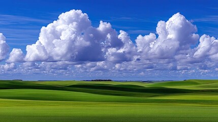 Vast, rolling green hills stretch under a vibrant blue sky filled with dramatic, puffy cumulus clouds. The landscape is bathed in bright daylight, creating soft