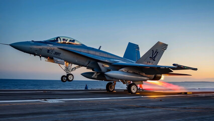 Fototapeta premium A military aircraft takes off from a US aircraft carrier to conduct an operation