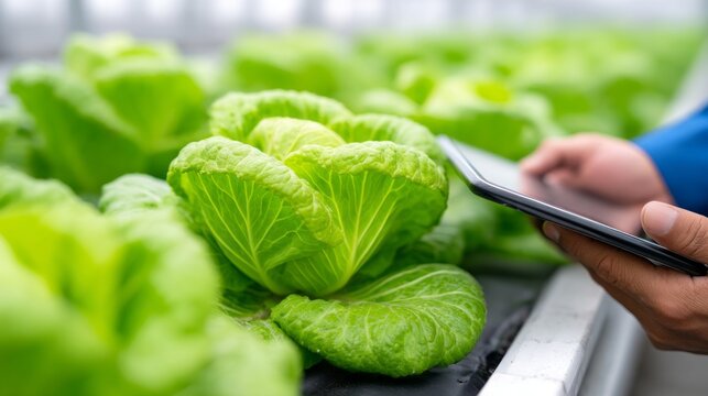 Hands hold a tablet while observing vibrant green lettuce plants in a greenhouse. The scene captures modern farming techniques blending with nature in early spring