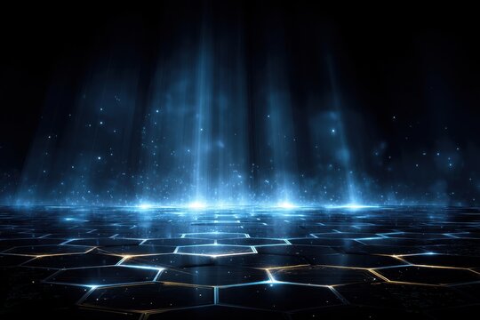 Futuristic blue hexagon grid landscape with glowing beams and neon light field