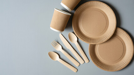 Eco-friendly disposable tableware set for a sustainable party or picnic, showcasing wooden cutlery and paper plates for zero waste events and celebrations