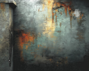 Moody distressed concrete and metal wall surface with rust streaks and worn paint — high-detail grunge texture background