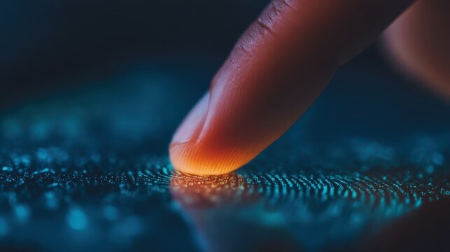 A close-up of a finger touching a surface, illuminated by a glowing design, highlighting technology and digital interaction.