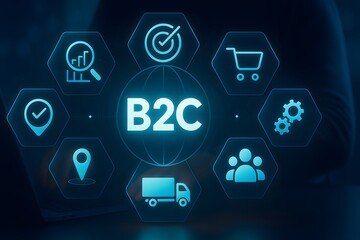 B2C business model with ecommerce marketing analytics and customer icons