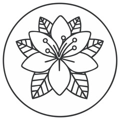 Obraz premium Outline Drawing of a Blossoming Flower with Leaves within a Circular Frame Floral Art Design Illustration