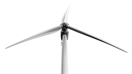 Modern wind turbine with tall sleek structure and rotating blades captured in clear detailed perspective and clean lighting isolated on white background