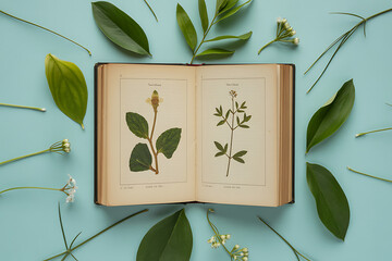 An open antique book with botanical illustrations surrounded by leaves and stems on a blue background