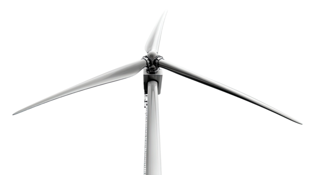 Modern wind turbine with tall sleek structure and rotating blades captured in clear detailed perspective and clean lighting isolated on white background