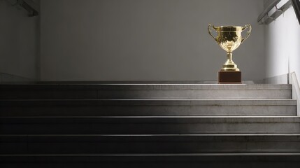 middleground. A golden trophy rests on a central staircase step, symbolizing achievement with elegant lighting and a minimalist polished metal surface. event key visuals.