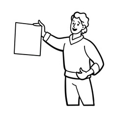 Funny cartoon businessman and woman worker holding a blank sign message board vector illustration