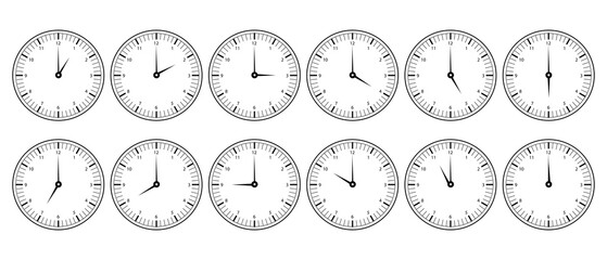 clock with numbers and time of hours from 1pm/am to 12pm/am, vector illustration of wall clock in black color on white background for graphics, alarm, minutes, vintage
