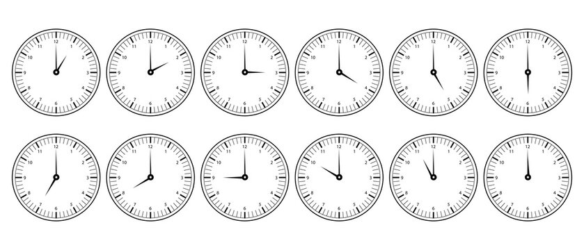 clock with numbers and time of hours from 1pm/am to 12pm/am, vector illustration of wall clock in black color on white background for graphics, alarm, minutes, vintage