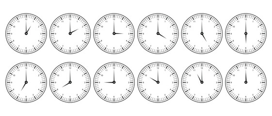 clock with numbers and time of hours from 1pm/am to 12pm/am, vector illustration of wall clock in black color on white background for graphics, alarm, minutes, vintage