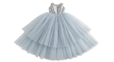 Elegant light blue tiered tulle ball gown with sequined bodice isolated PNG with Transparent Background