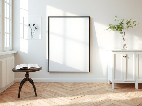 Blank framed artwork on a white wall with natural light and decor