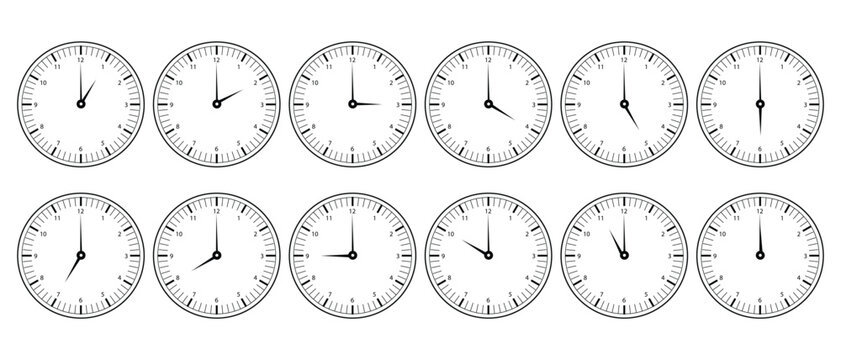 clock with numbers and time of hours from 1pm/am to 12pm/am, vector illustration of wall clock in black color on white background for graphics, alarm, minutes, vintage