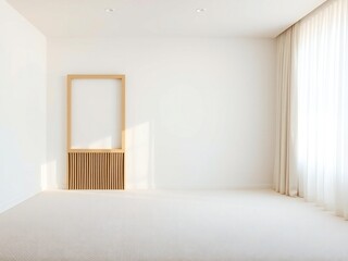 Minimalist interior with a tall wooden framed mirror and sheer curtains