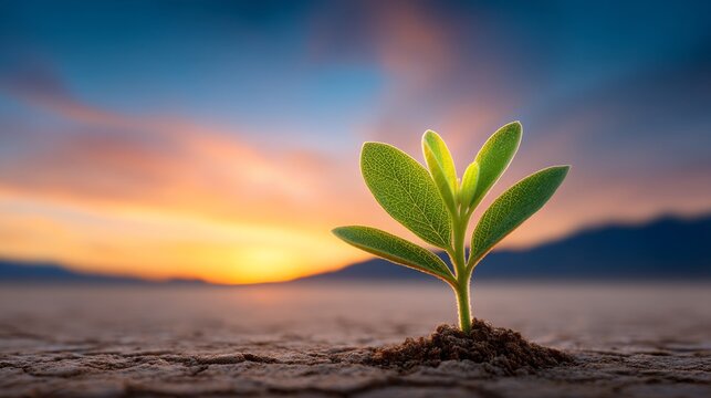 A small green plant breaks through the dry, cracked soil as the sun sets behind distant mountains. The colorful sky adds warmth and beauty to this moment of renewal and perseverance