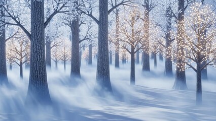 Obraz premium Enchanting winter forest scene with snowcovered trees illuminated by soft, magical lights in low fog
