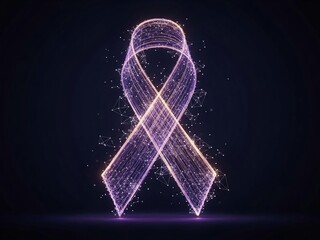 Digital glowing purple awareness ribbon made of particles and light trails symbolizing support and hope against disease on dark background