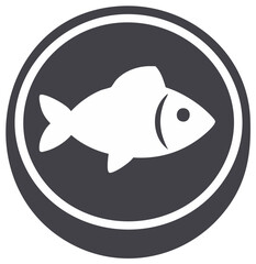 Obraz premium Clean vector graphic of a white fish inside of a circular grey badge emblem symbol sign for restaurant or company logo template.