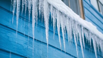 Long sharp icicles hanging from snowy rooftop of blue wooden house during cold winter day - Powered by Adobe