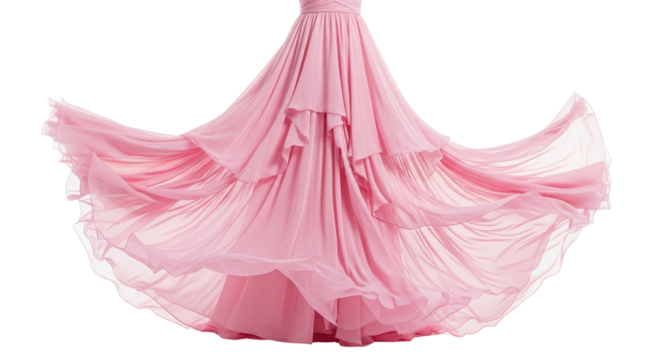 Luxurious pink tulle dress skirt with layers and dynamic flowing movement. isolated PNG with Transparent Background