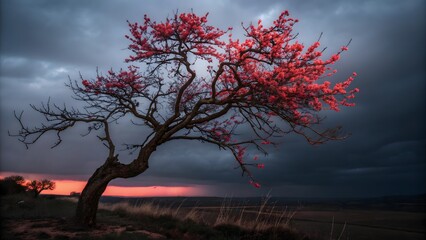 A solitary tree blooms with vibrant red flowers against a dramatic stormy sky