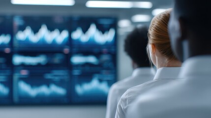 A group of individuals in formal attire observing data charts displayed on large screens in a modern office environment.
