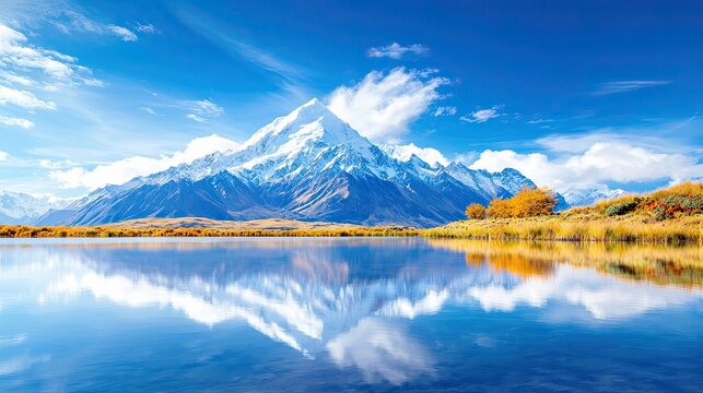 A majestic snow-capped mountain range is perfectly reflected in the still waters of a lake. The surrounding landscape features golden autumn foliage and dry ree - Powered by Adobe
