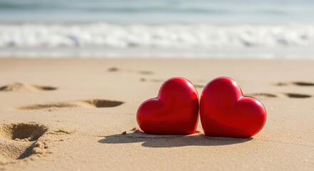 Two red heart shapes on sandy beach with ocean waves in background during sunny day concept of love Valentines Day