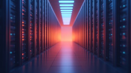 A visually striking data center corridor illuminated with blue and orange lights, showcasing rows of server racks.