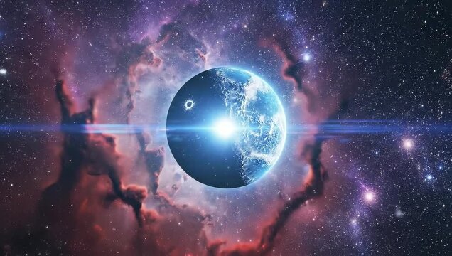 Pixelated Earth Planet Orbiting Bright Star in Colorful Nebula Deep Space Cosmos