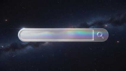 Vibrant gradient search bar featuring pink, purple, and blue color transitions with glowing magnifying glass icon against dark starry cosmic background, representing modern futuristic,