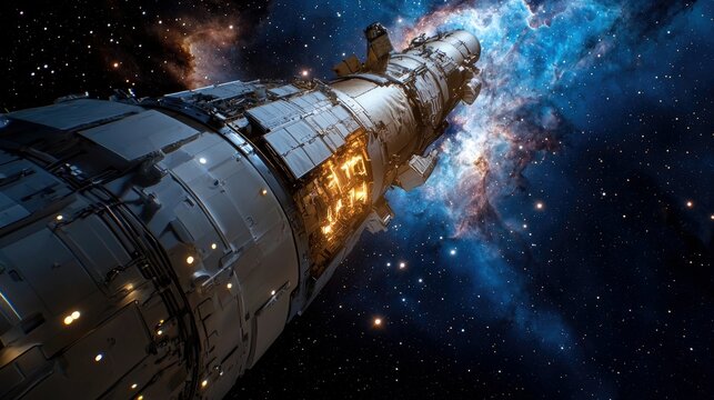 A detailed view of a large, futuristic spaceship in outer space. The vessel is illuminated by internal lights and the colorful glow of a nearby nebula. Stars ar