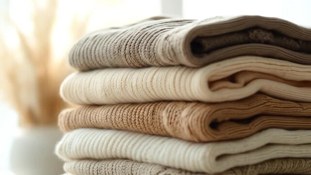 Stack of folded knitted sweaters in warm neutral colors on a table with soft background light and dried floral decoration